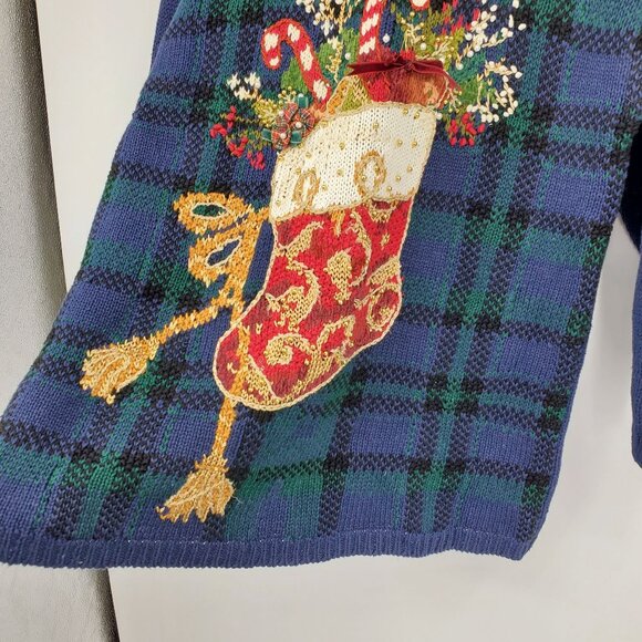 Vintage Heirloom Blue Green Plaid Beaded Nostalgic Stocking Christmas Sweater L - Picture 9 of 9